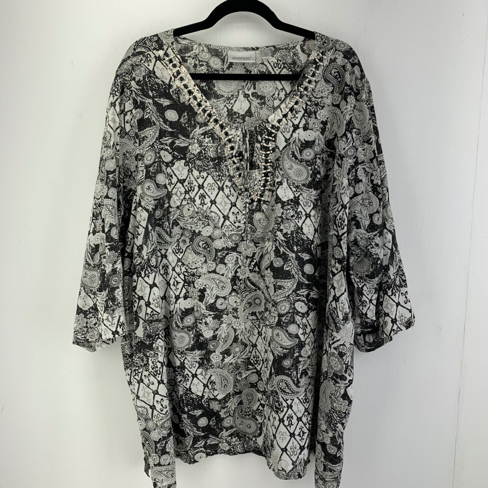 Avenue Womens 26/28 Black White Paisley Beaded Cotton Tunic Top Ethnic Boho
